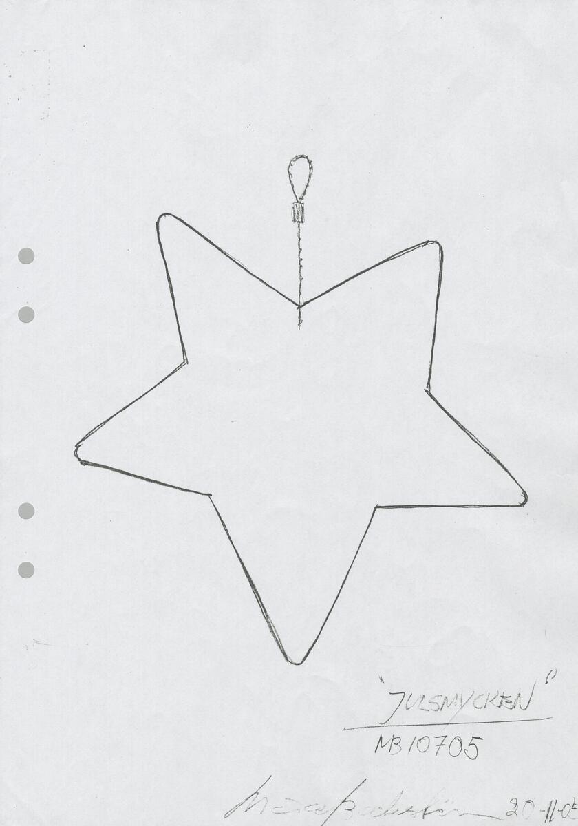 Skisser till fyra gjutna julsmycken - två hjärtan och två stjärnor i olika storlekar - med upphängningsöglor i metall. Noteringar. Måttangivelser.