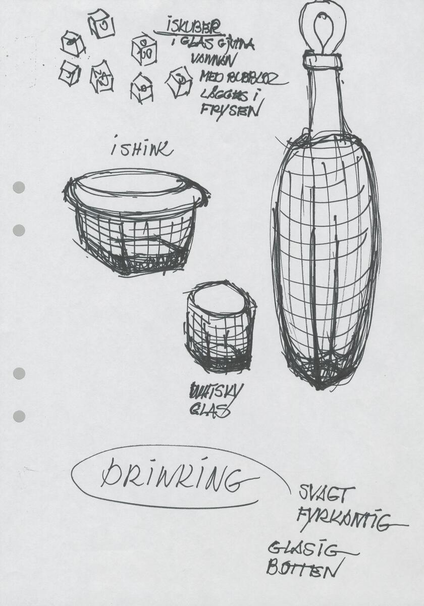 Skisser till ett antal föremål - vaser, skålar, fat, karaffer, tumbler - samtliga rutmönstrade med runda former. Noteringar.