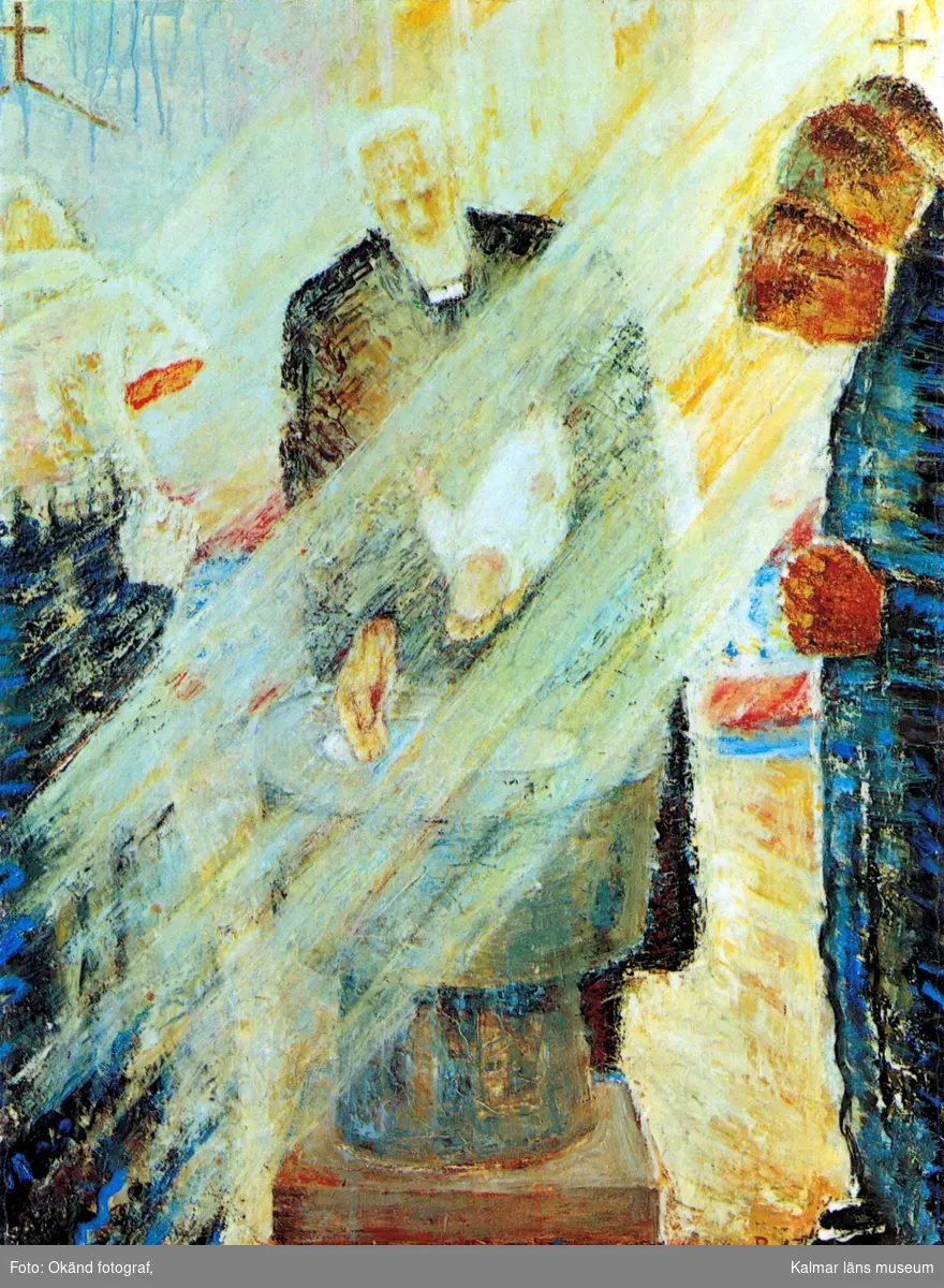 Vykort med målningen""Dopet", av Elisabeth Bergstrand Poulsen, Långasjö kyrka.