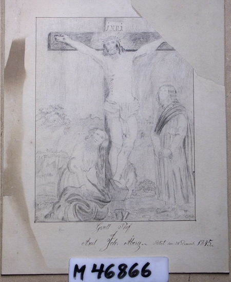 Blyertsteckning.
Jesus på korset, omgiven av två kvinnor.