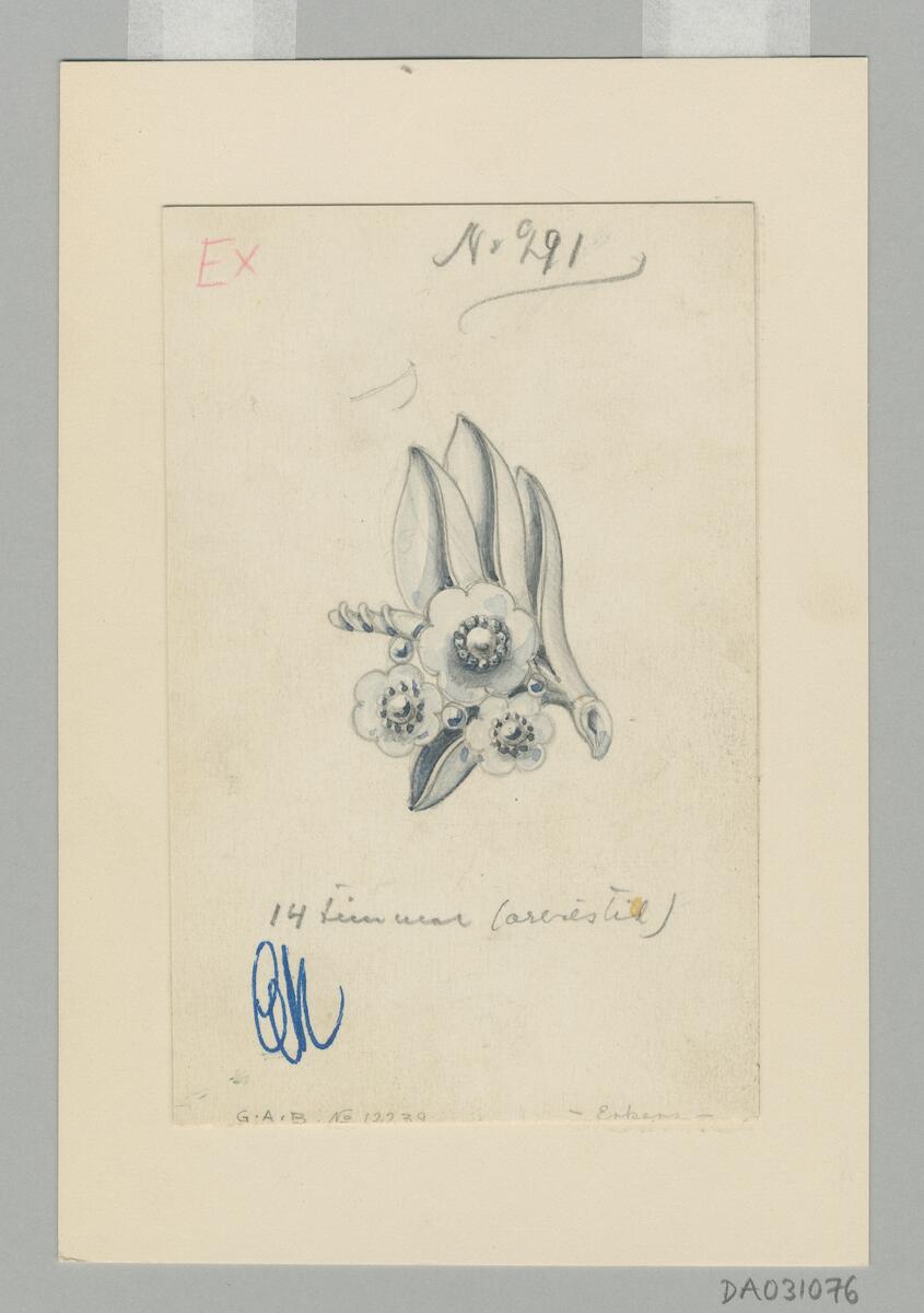 Skiss smycke med form av blommor och blad. Nr 12239 (?) Noteringar Skissen är monterad