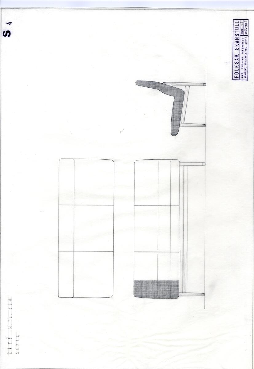 Referensmaterial, handlingar, foto. Möbleringsplaner, perspektivskisser, bord, blombord, cafébord, matsalsbord, bord till styrelserum, telefonbord, talarstolar, serveringsbord, avlastningsskåp, vägghyllor, monter.  Blombord, stolar, soffor, fåtöljer, stapelbara stolar.