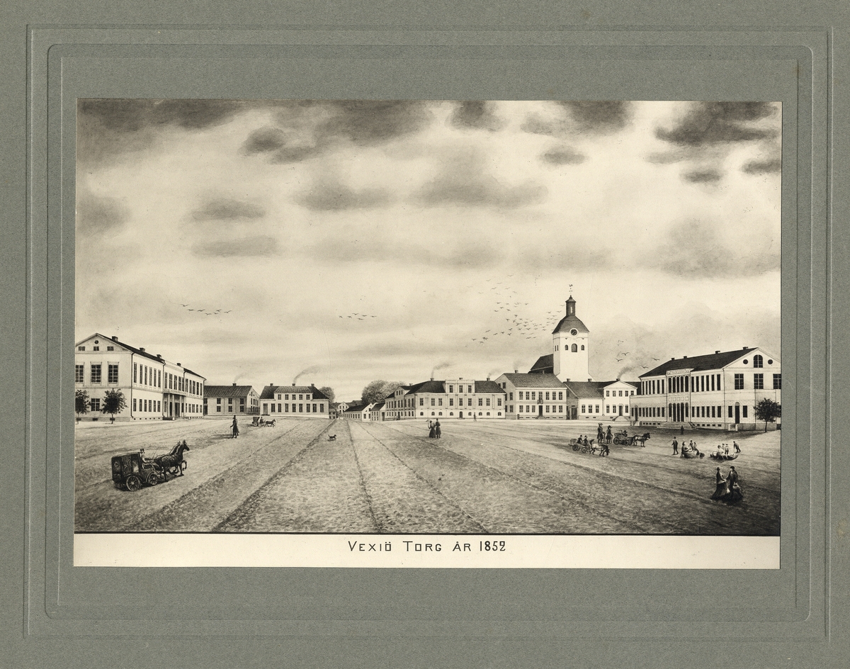 Växjö stortorg 1852. Vy österut mot domkyrkan m.m.
Avfotograferad målning.