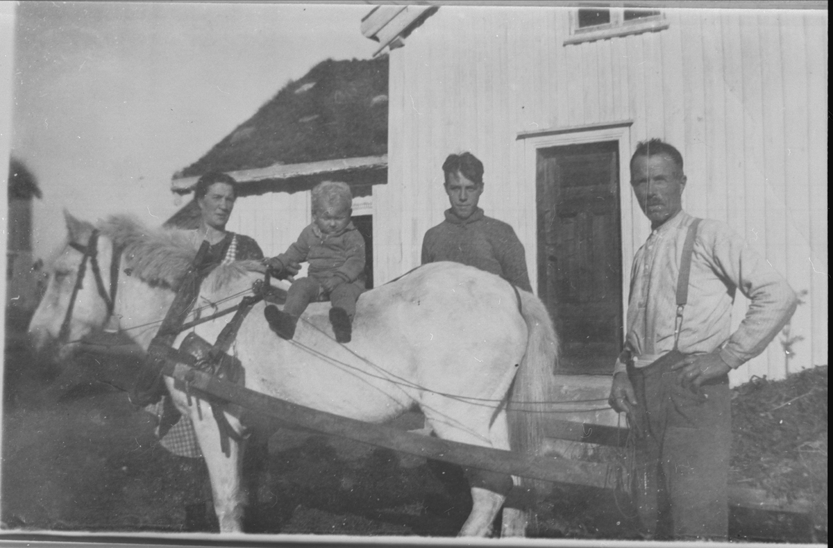 Familien Antonsen med hest og vogn på gårdstunet på Myklevoll.