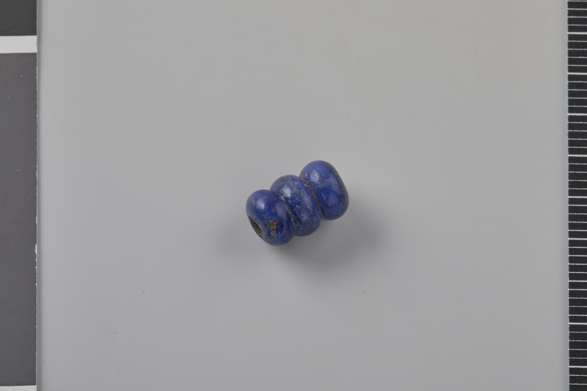 Treleddet segmentert perle av mørkeblått, opakt glass fra yngre jernalder, hovedtype som Callmer 1977 E060T22. L. 1,1 cm, diam. 0,7 cm, hullets diam. 0,25 cm. Vekt: 0,8 g.