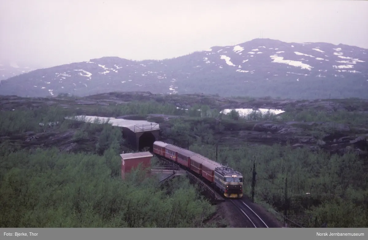Turisttog trukket av elektrisk lokomotiv El 15 2193 passerer Søsterbekk holdeplass