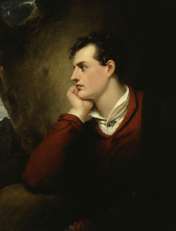Portrettmaleri av Lord Byron i profil, sittende med hodet støttet av den ene hånden, drømmende blikk.
