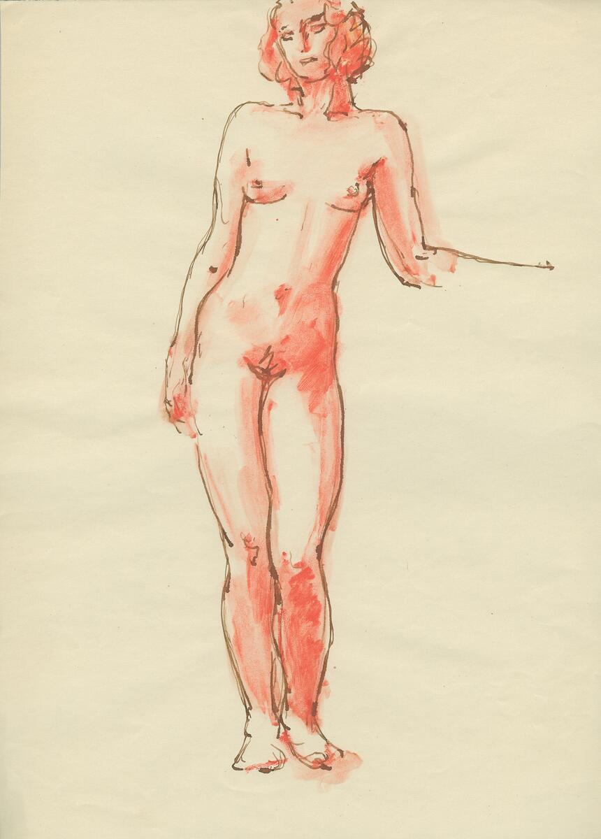 Skisser till nakenstudier i blyerts, akvarell och bläck.