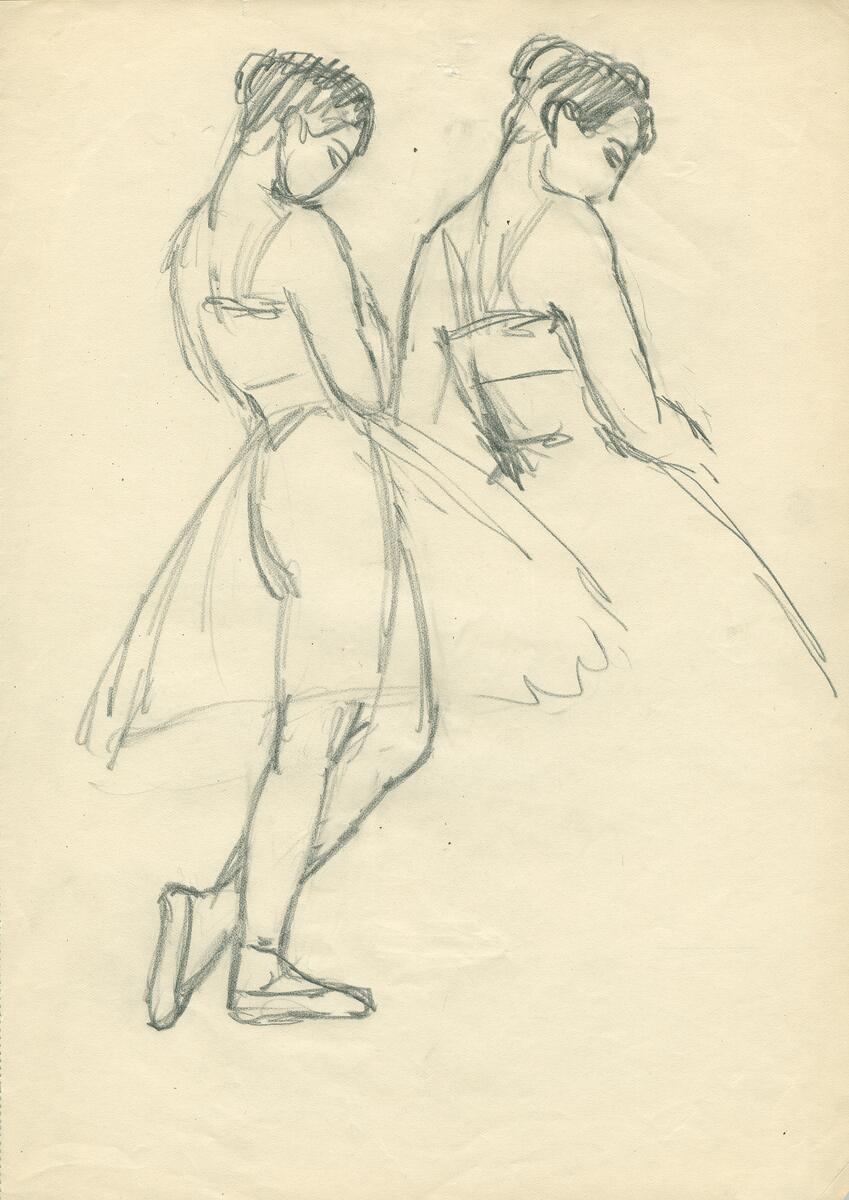 Bilder i blyerts och en tusch av dansande kvinnor i balettkläder och nakenstudier av dansande män och kvinnor.