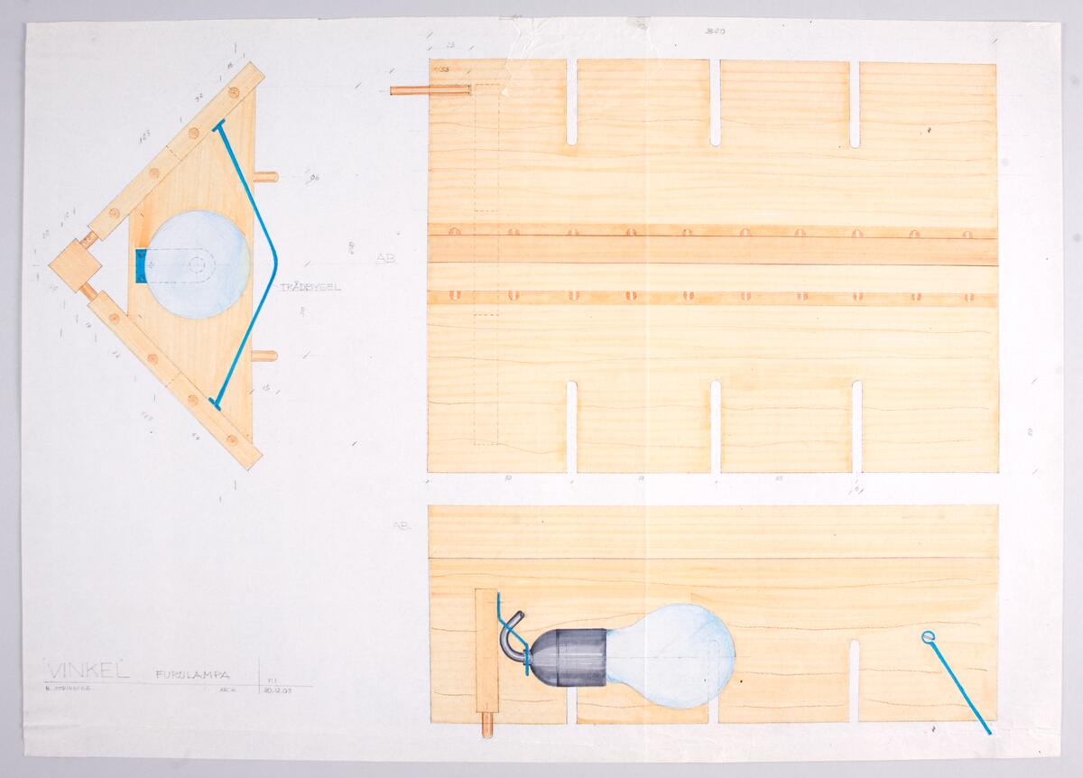 Skisser till furulampor i bords-, vägg- och golvvarianter med tillhörande detaljer. Noteringar. Måttangivelser.|