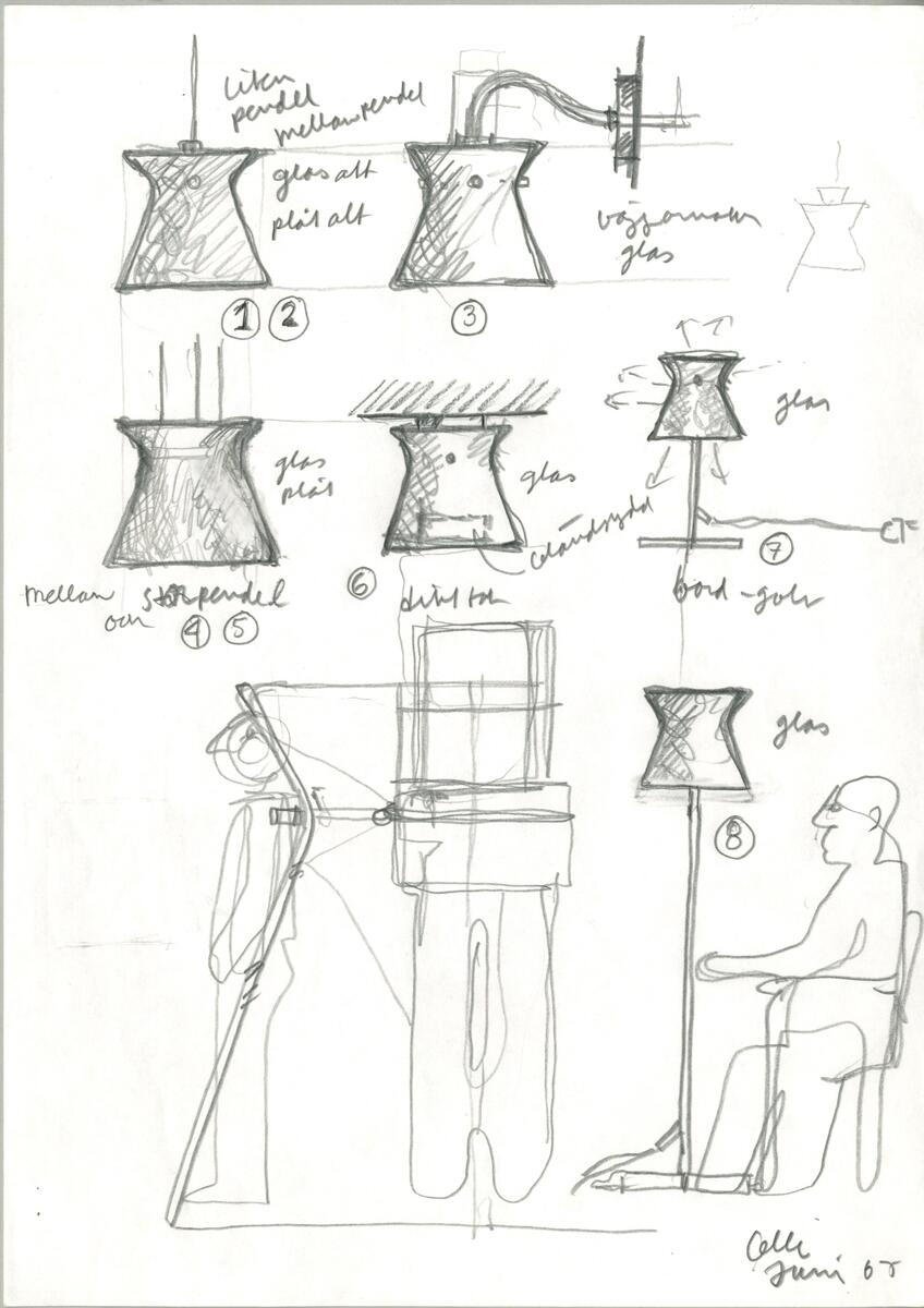Skisser på lampan Torso för Blond. Blyerts-skisser samt inskannad ritning.