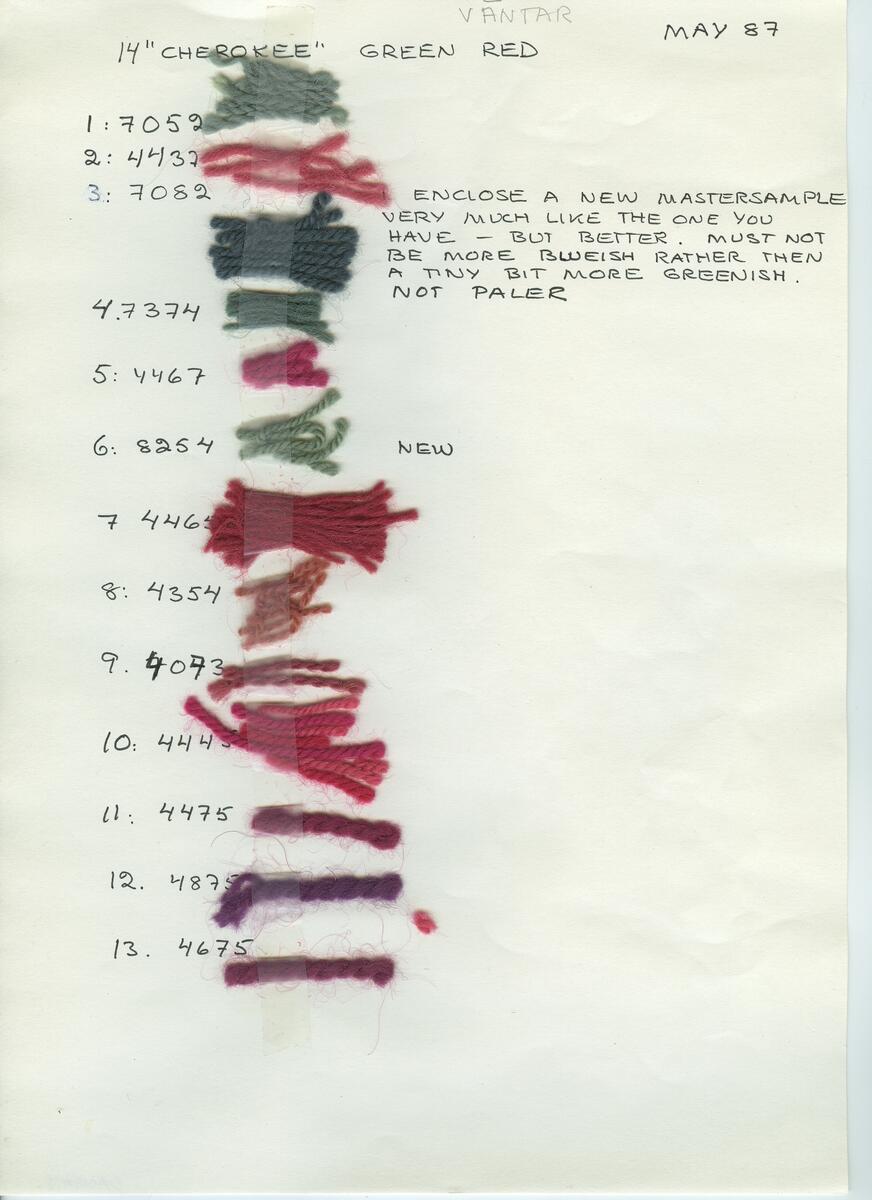 Referensmaterial till matta. Färg /garnprover monterade på papper, noteringar, färgnummer, ritning samt små rullar med garn för att visa färgeffekten. 6 konvolut