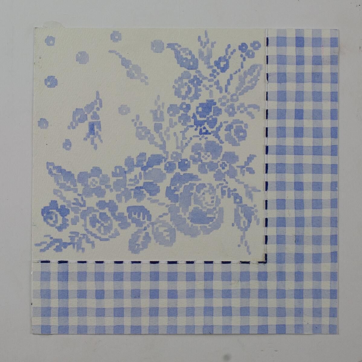 Förlaga till servett. Blåa blommor i broderad stil. Kant i form av rutigt blå-vitt mönster.  Mönstret på det tekniska ritpappret är utskrivet av skrivare och sedan påklistrat. Runda färgprover på baksidan.