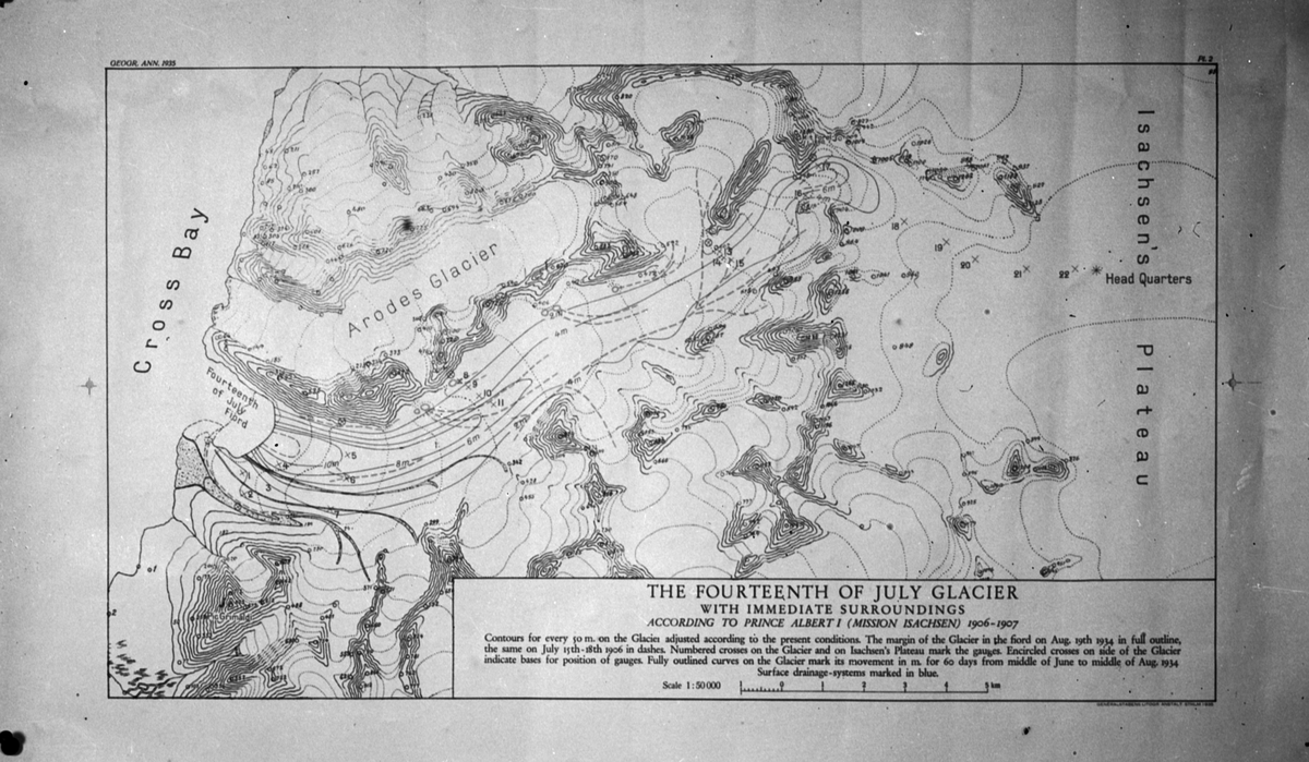 Glasnegativ med motiv av karta "The Fourteenth of July Glacier" enligt prins Albert I (Mission Isachsen) 1906-1907.