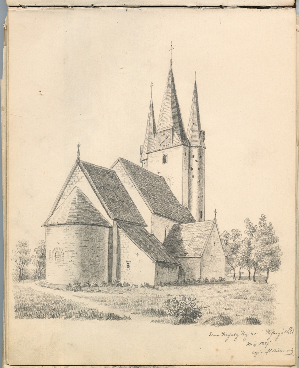 Blyertsteckning: Stora Husaby Kyrka i Westergöthland May 1847. Copia efter Billmark

Ur ett halvfranskt band med blyertsteckningar och akvareller.