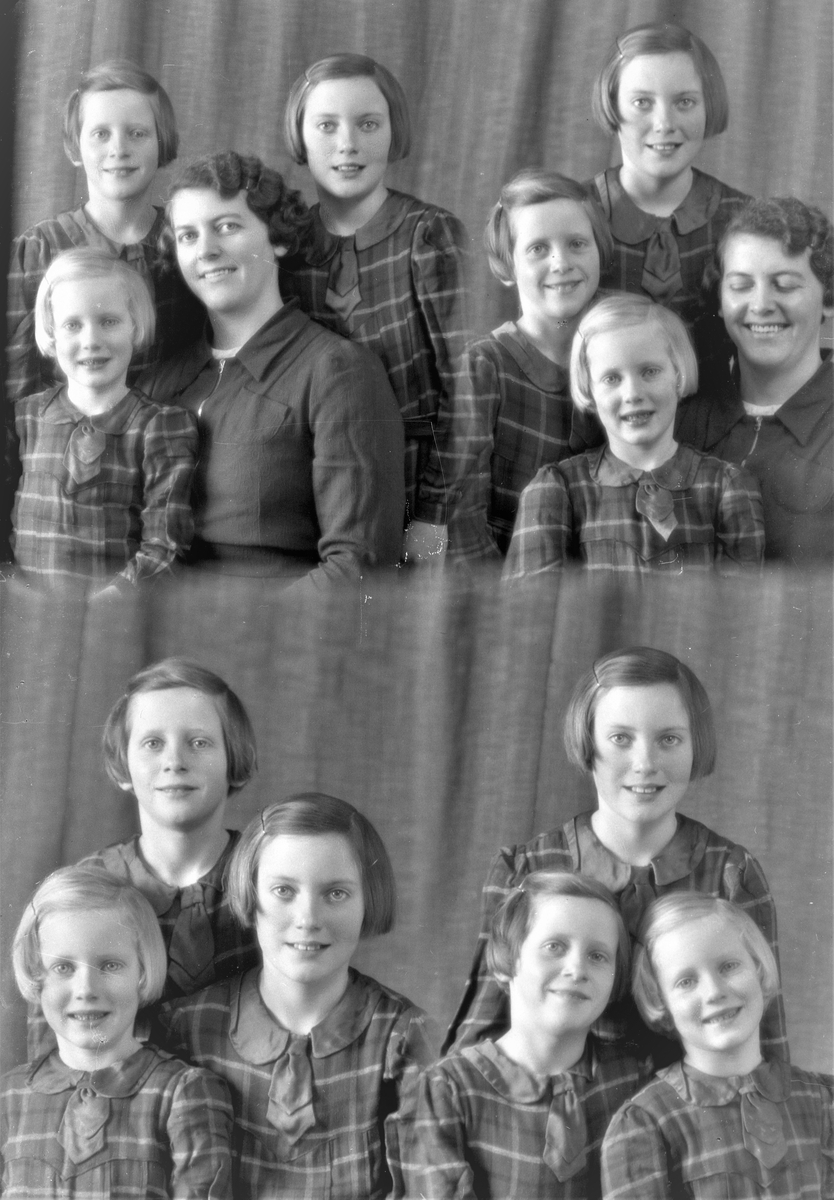 Portrett. Familiegrupper på fire og tre. Ung kvinne og tre piker. Bestilt av Fru Nora Elvesæther. Feøy