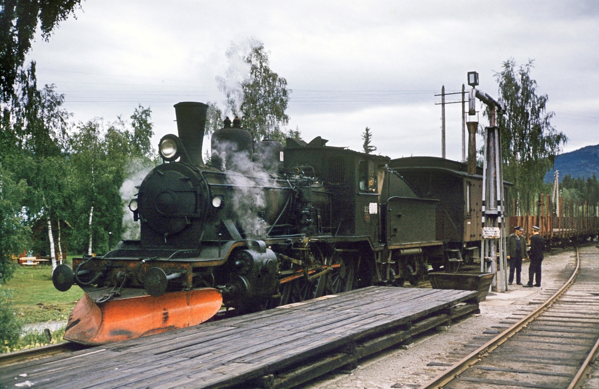 Damplokomotiv type 21b nr. 225 med godstog fra Kongsberg til Rødberg, her ved vannstenderen på Veggli stasjon