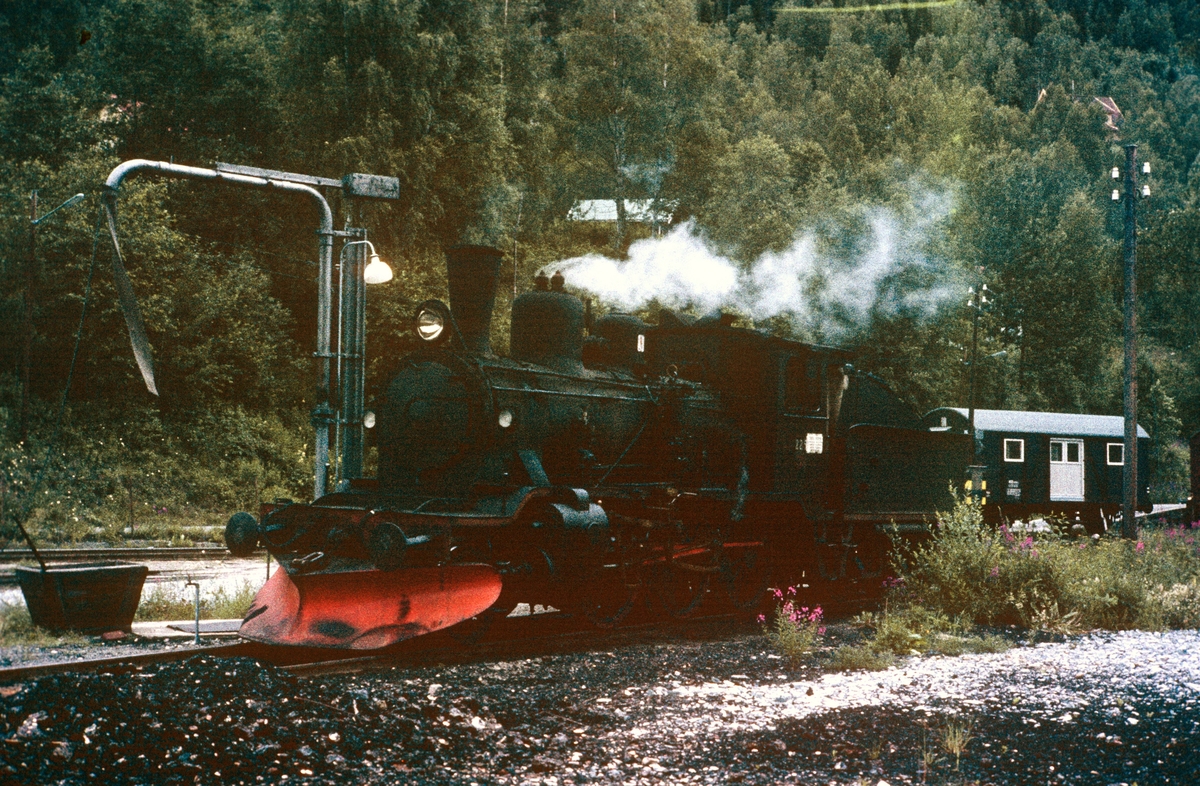 Damplokomotiv type 21b nr. 225 ved vannstenderen på Rødberg stasjon