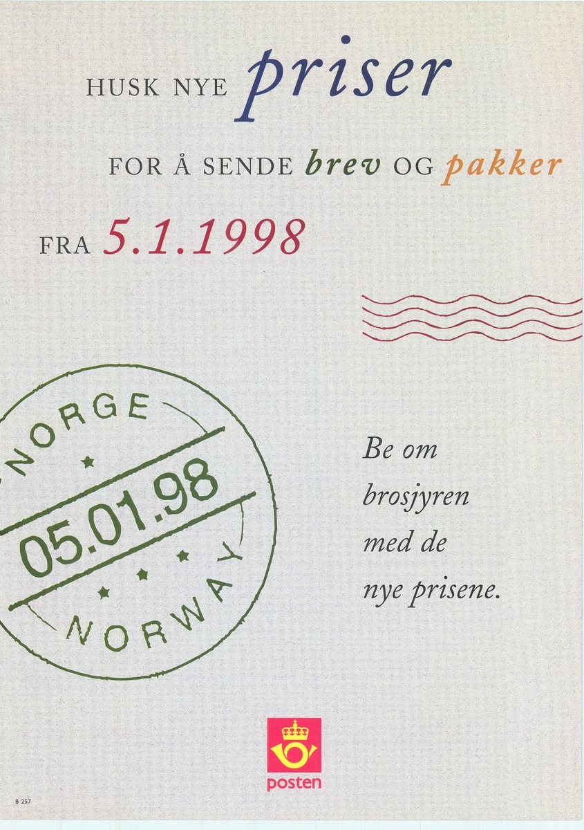 Tosidig plakat med tekst på bokmål og nynorsk. Rød og svart skrift på grå bunn. Postlogo.