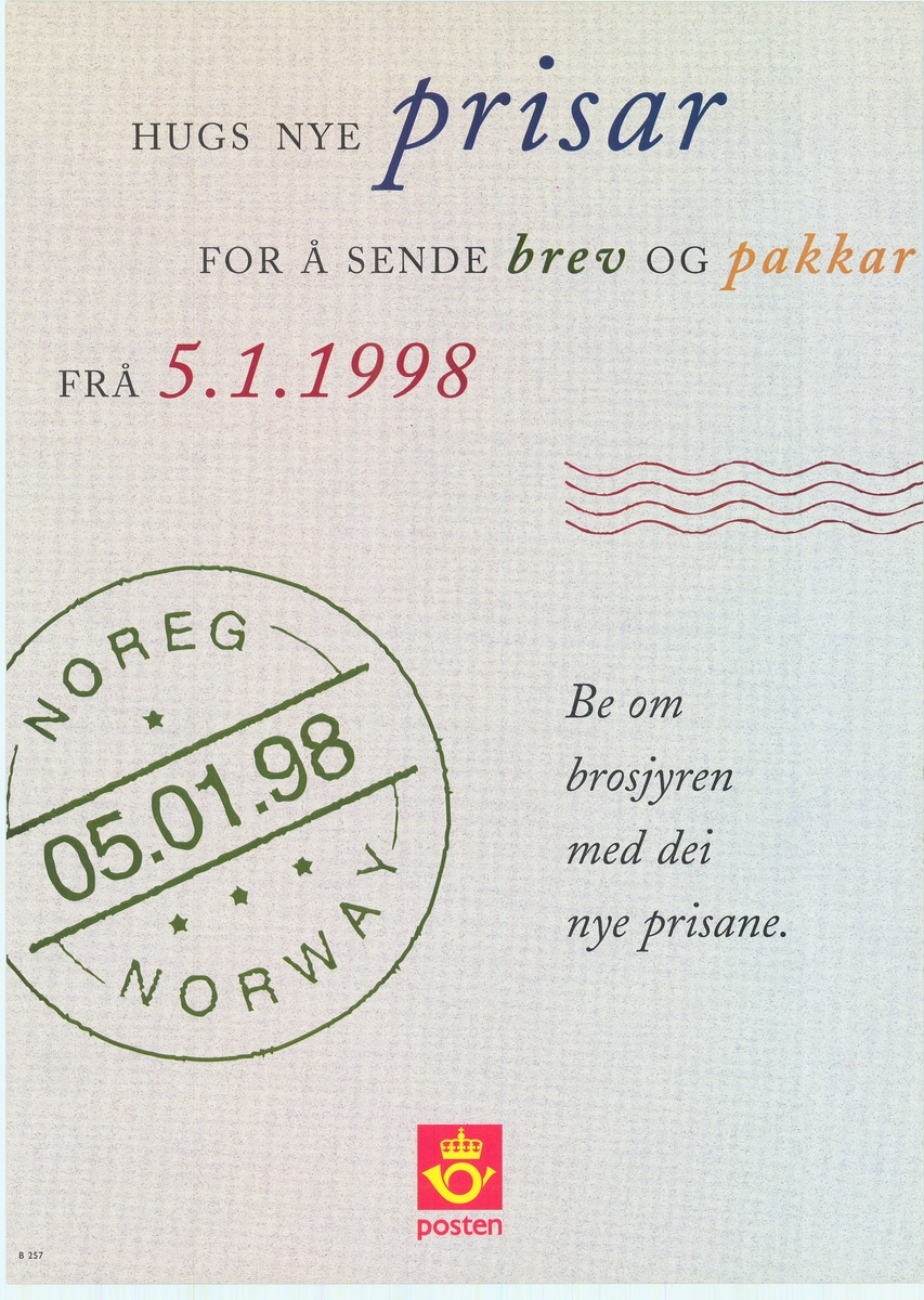 Tosidig plakat med tekst på bokmål og nynorsk. Rød og svart skrift på grå bunn. Postlogo.