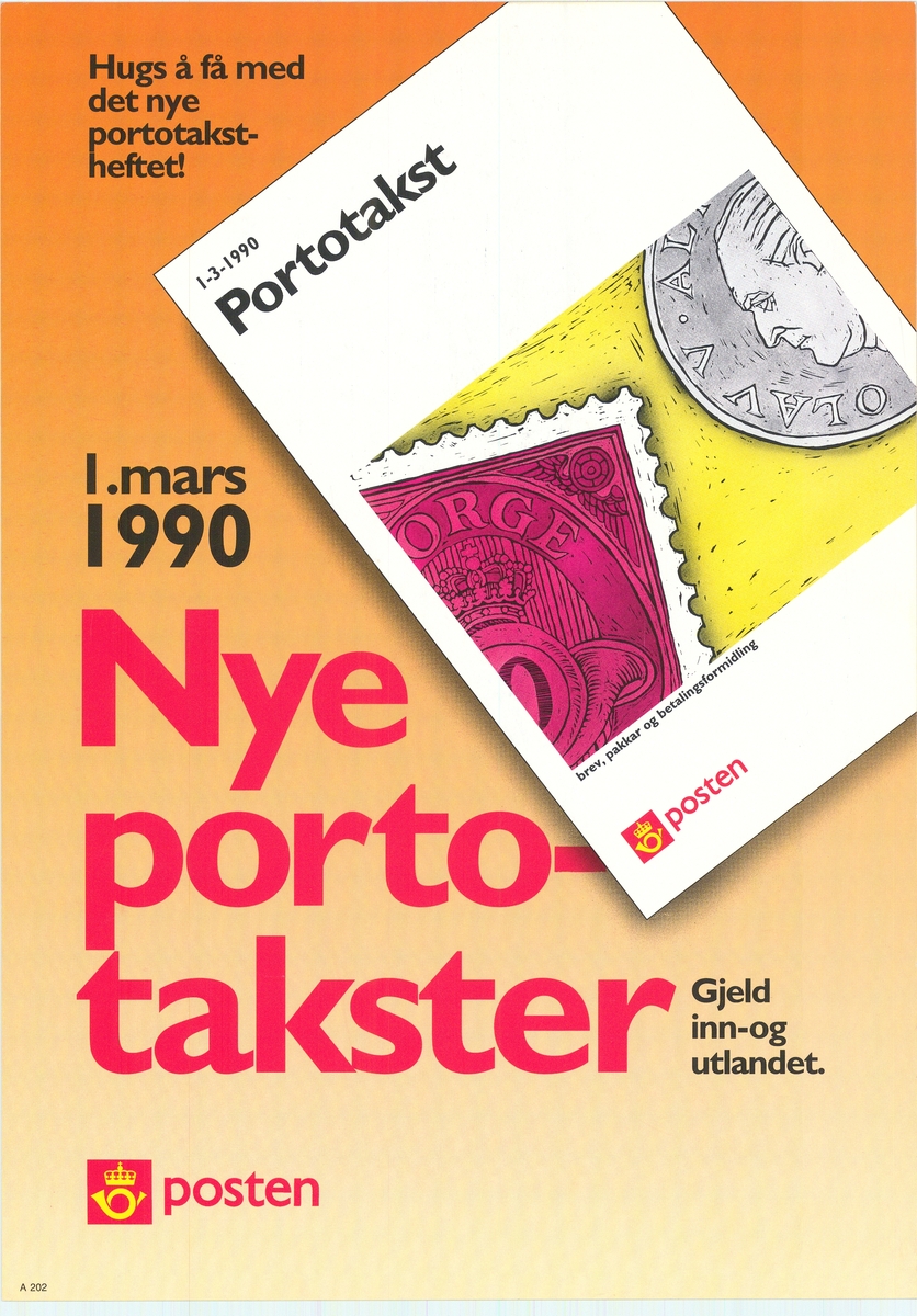 Tosidig plakat med tekst på nynorsk og bokmål. Postlogo. Svart og rød skrift på oransje bunnfarge.
