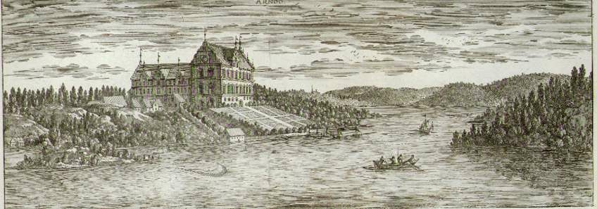 Slottet på Biskops-Arnö med trädgården vid Mälaren, på sjön syns fiskebåt, Övergrans socken, Uppland