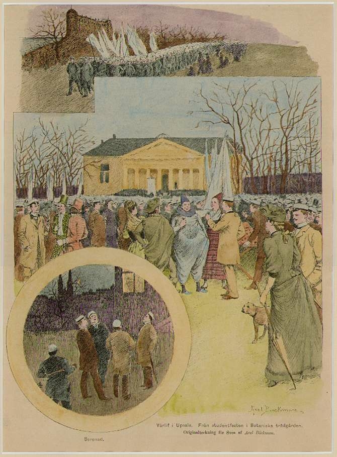 Vårfesten i Uppsala. Studenter marscherar vid Uppsala slott, minglar i Botaniska trädgården samt sjunger vid byggnad, 1800-tal