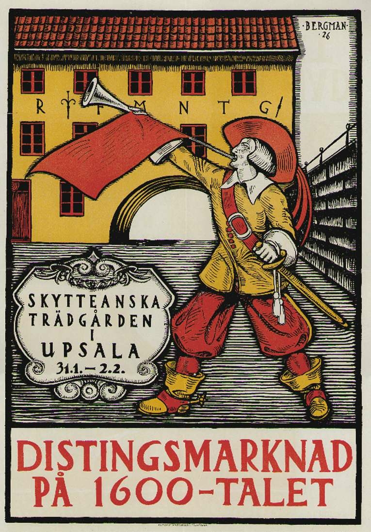 Affisch för Distingsmarknad man med trumpet står framför Skytteanum, Uppsala, 1926.