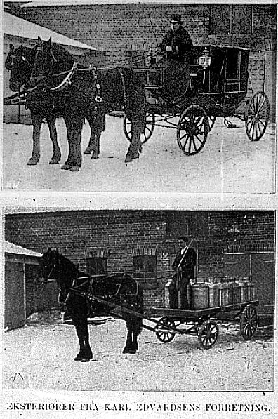 Fra bakgården til vognmann Karl Edvardsen i Jernbanegaten med forskjellige typer hestetransport