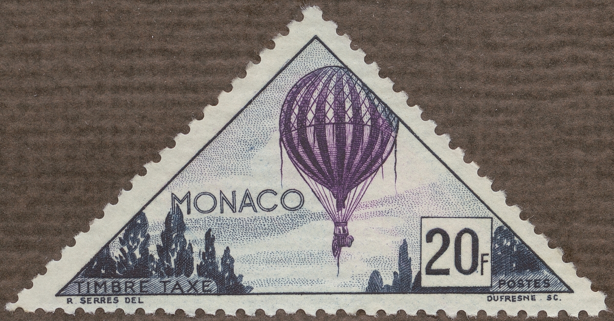Frimärke ur Gösta Bodmans filatelistiska motivsamling, påbörjad 1950.
Frimärke från Monaco, 1953. Motiv av Fri Luftballong