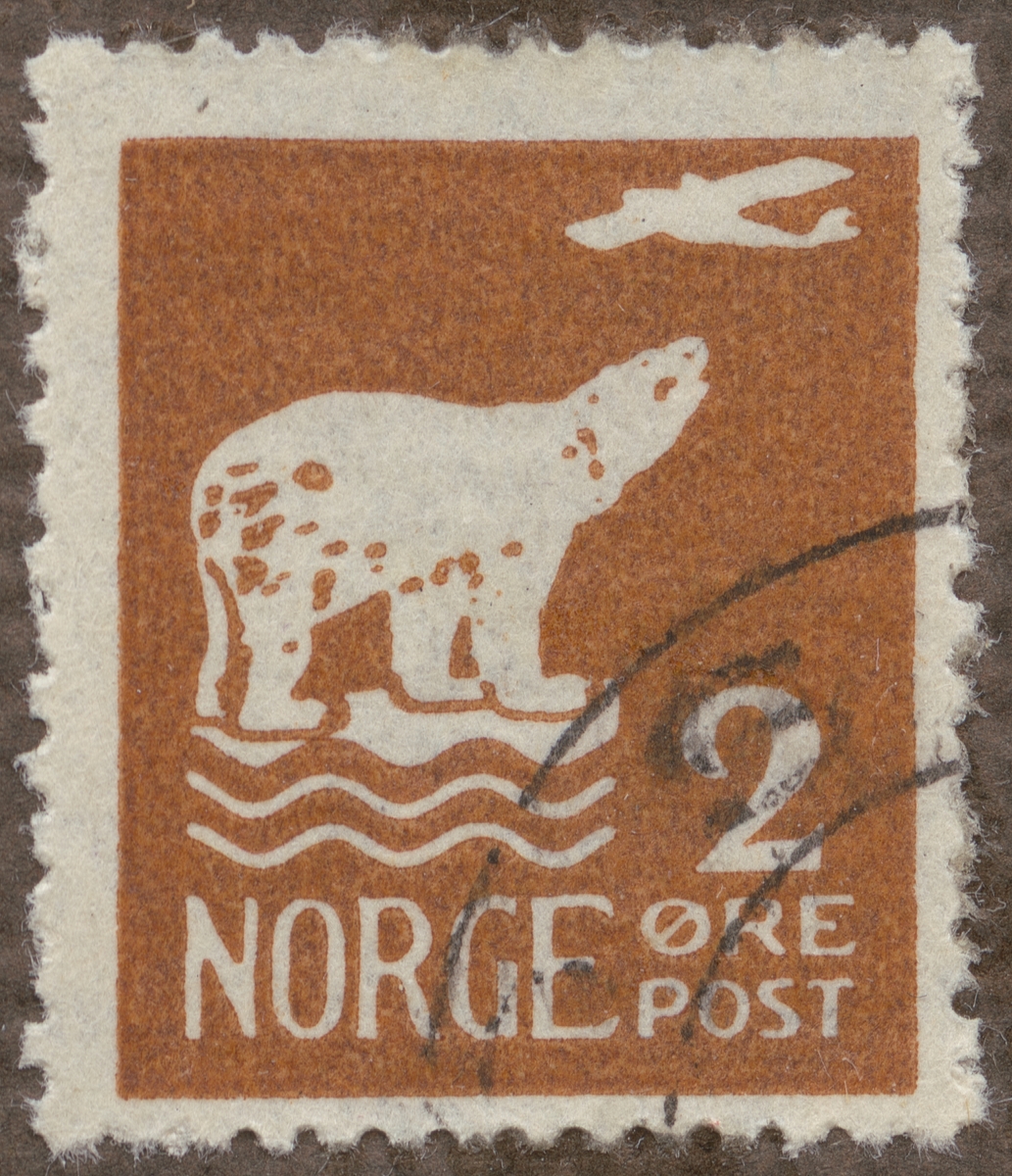 Frimärke ur Gösta Bodmans filatelistiska motivsamling, påbörjad 1950.
Frimärke från Norge, 1925. Motiv av Monoplan betraktat av en isbjörn Minne av Amundsens nord-polarflyg