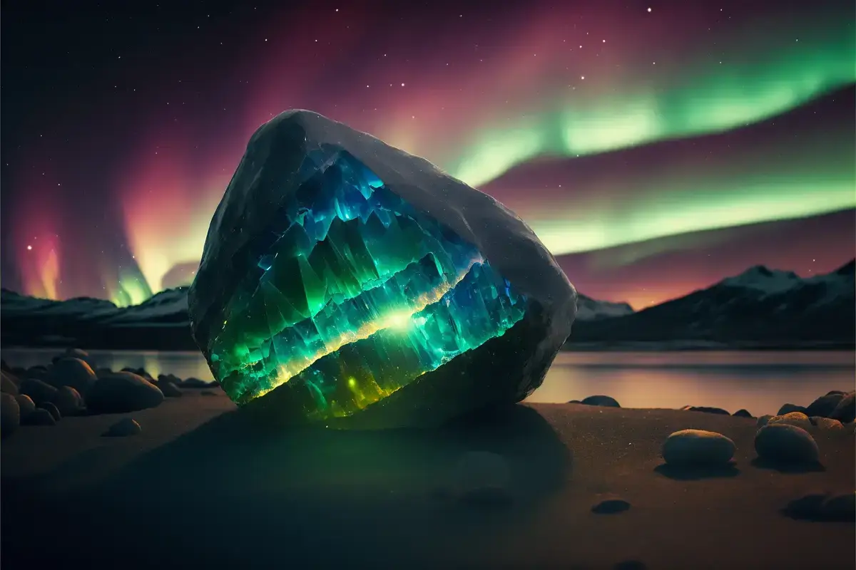 Nordlys sett gjennom en gjennomsiktig sten på en strand.