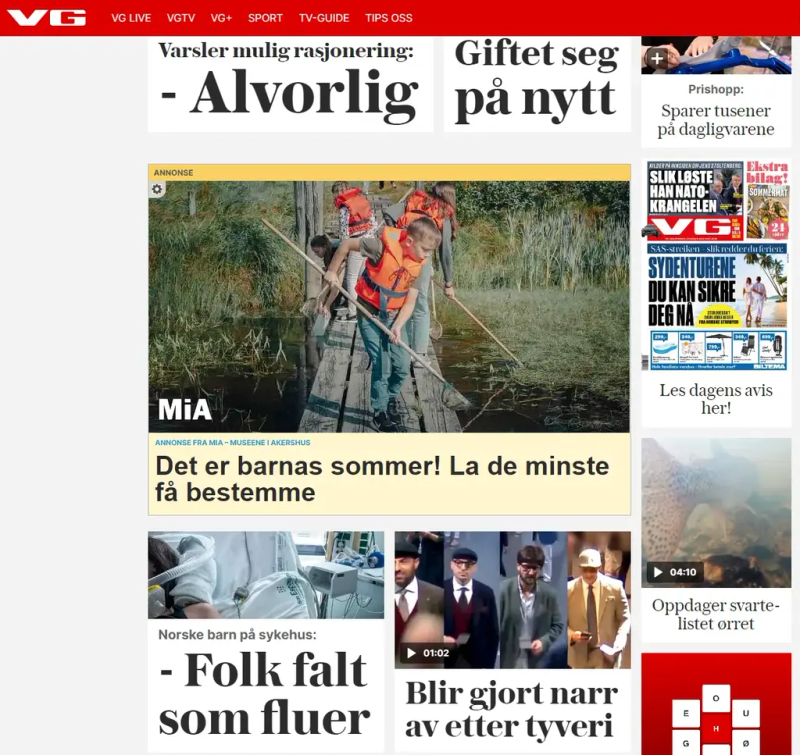 Skjerdump av forsiden på VG.