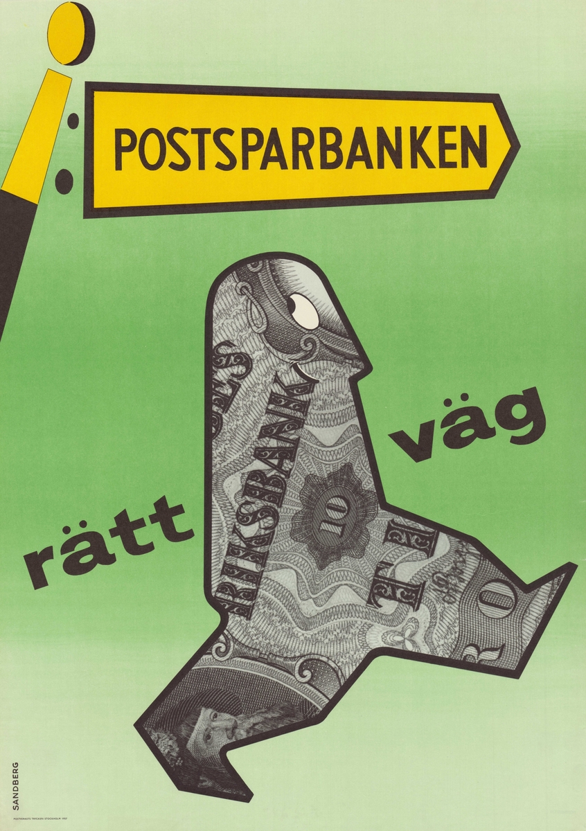 En tecknad figur vars textur är en sedel och som går i riktning mot Postsparbanken.