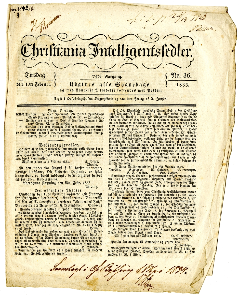 Tre eksemplarer av avisen Christiania Intelligentssedler fra februar 1833. Alle består av 1 falset ark (4 sider) trykt i fraktur.