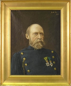 Oljemålning, porträtt av okänd officer. Sign. I. B-dt 1918.