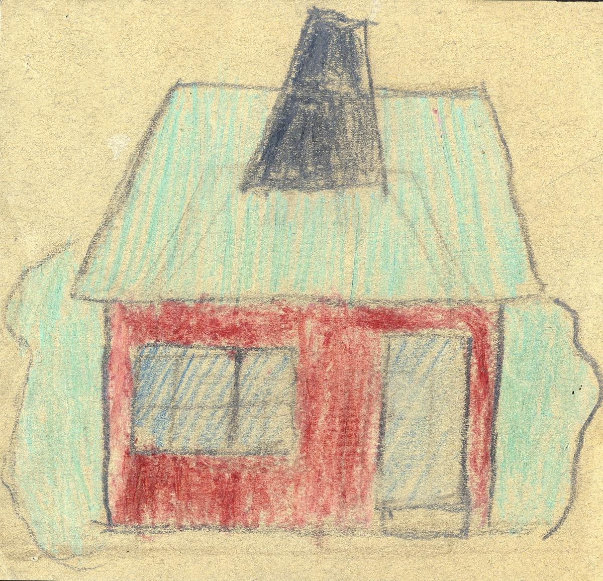 Ett rött hus med grönt tak och svart skorsten i vaxkrita på gråpapper.