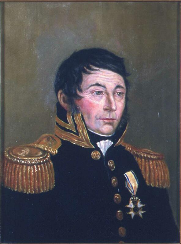Maleriportrett av Hans Henrik Rode iført svart jakke med medaljer og gullfarget skulderklaff