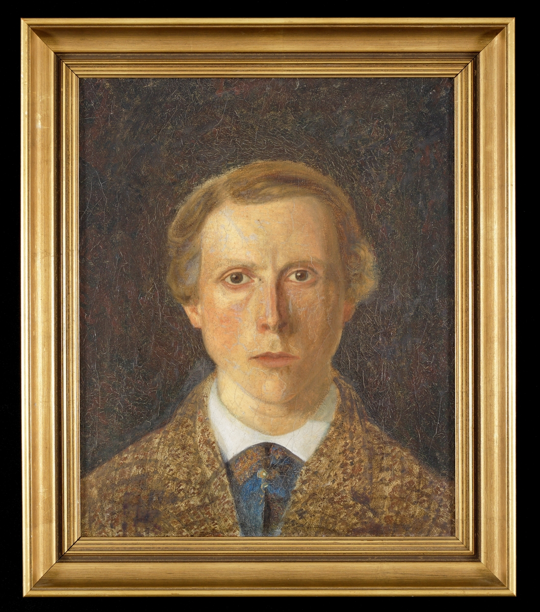Porträtt av ung man i spräcklig brun tweedkostym och vit skjorta.
Bröstbild, en face. 
Självporträtt av Anders Didoff 1867.
