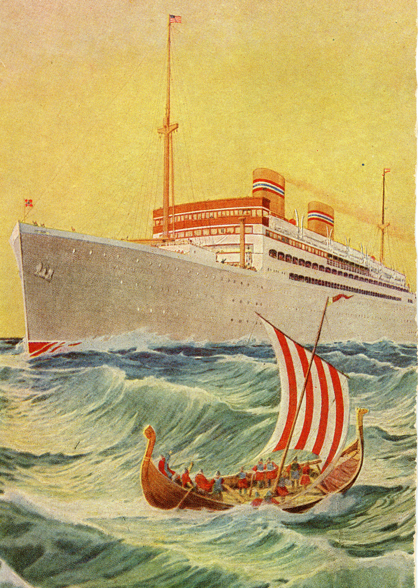 Postkort sendt 1937.  Motiv er ei teikning frå Den Norske Amerikalinje.