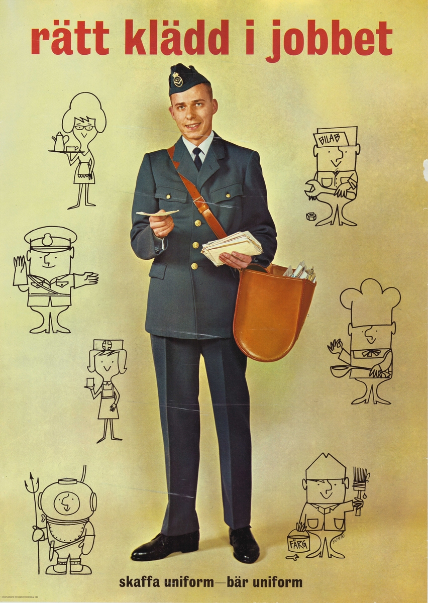 manlig brevbärare i uniform. Tecknade figurer i uniform runtom.