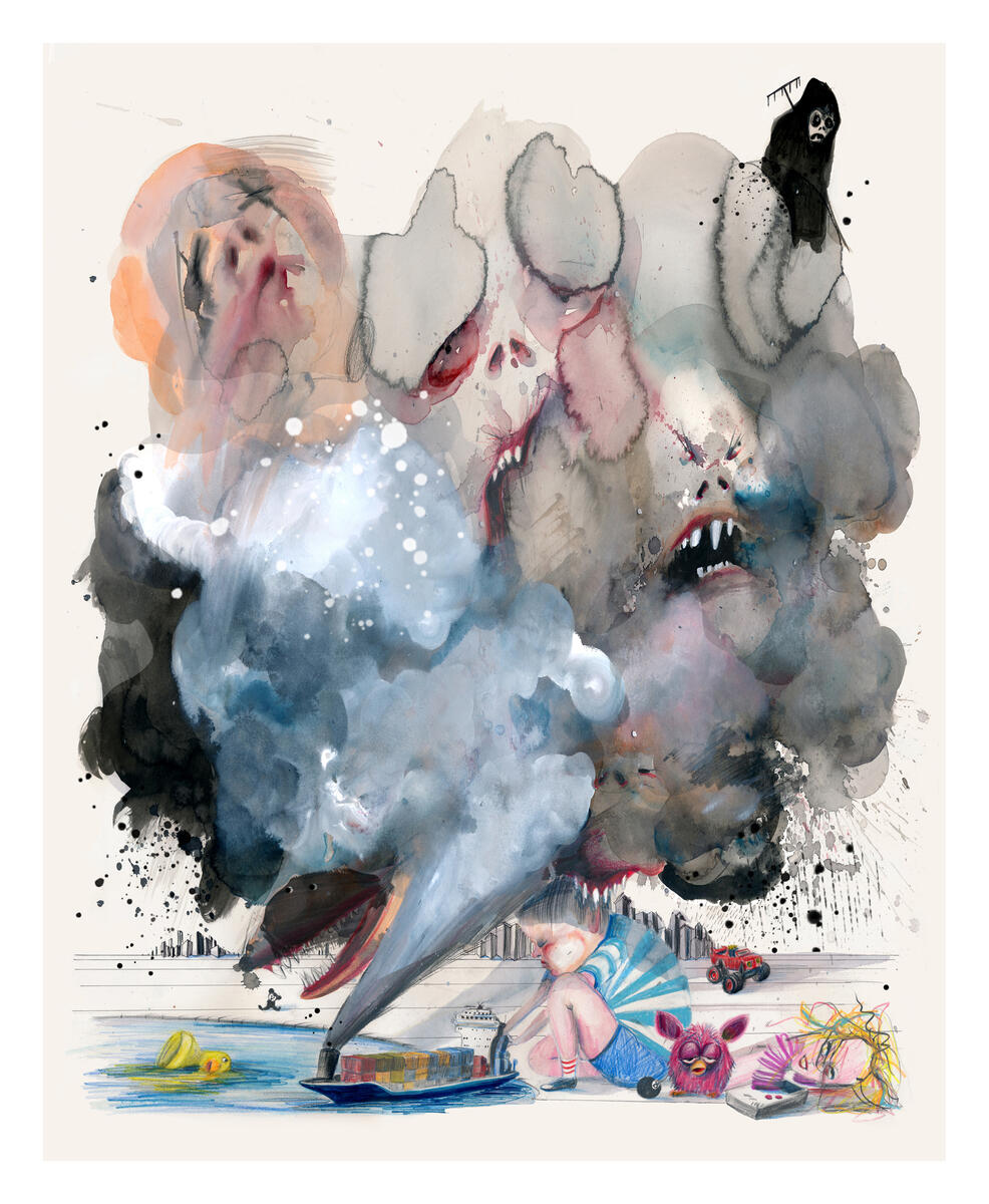 Farverik tegning som illustrerer et barn som som sitter med leker som spyr ut skyer med forurensning.