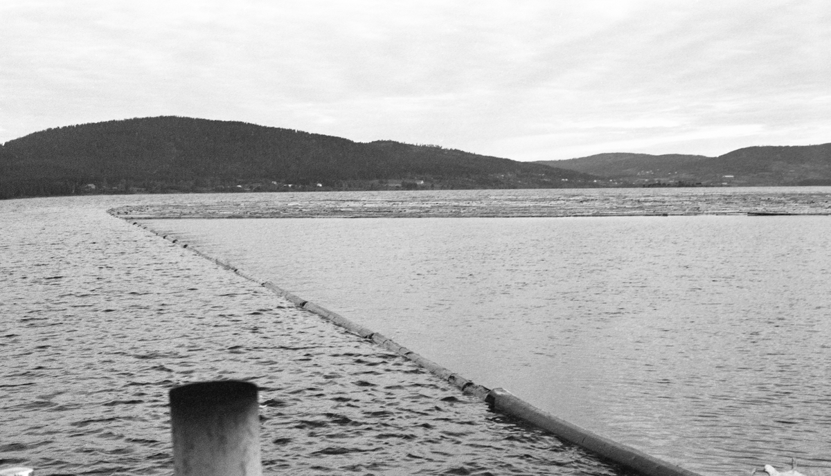 Bomtrekking sørover Storsjøen i Odalen sommeren 1957. Dette slepet skulle bukseres fra Mo i nordenden av innsjøen til Seimsjøen i sør, der strømmen i Oppstadåa skulle føre det videre mot Glomma ved Skarnes. Bommen var en ring, lagd av sammenkjedete stokker, som i dette tilfellet omsluttet cirka 3 500 kubikkmeter løstømmer fra skogene i Nord-Odal. Bommen ble trukket av en båt som lokalt ble kalt «Storsjø», men som offisielt hette «Varpebåt 1». Glomma fellesfløtingsforening hadde nemlig en noe større slepebåt i Storsjøen i Rendalen som offisielt hette «Storsjø»,  Når «Varpebåt 1» ble satt i bevegelse samlet tømmeret seg i det som da ble den bakre enden av bommen, men så lenge hastigheten var langsom og vinden noenlunde spak, holdt det seg der. Dette er et todelt opptak, tatt fra akterdekket på slepebåten.
