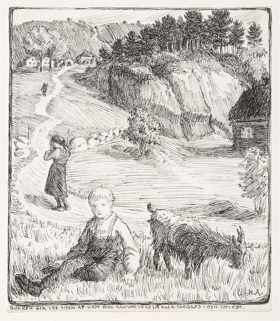 En gutt sitter i gresset ved siden av en geitebukk. I bakgrunnen går en gråtende jente på en vei som leder mot et bygdetun