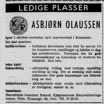 Annonsering etter ansatte til Asbjørn Olaussen supermarked, 16.09.1964 i Akershus Arbeiderblad.