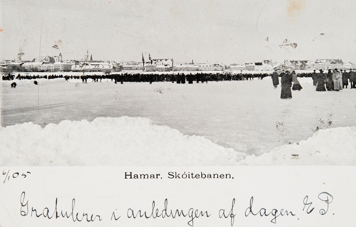 Postkort med raster, Hamar, Skøytebanen på mjøsisen, Hamarbukta,