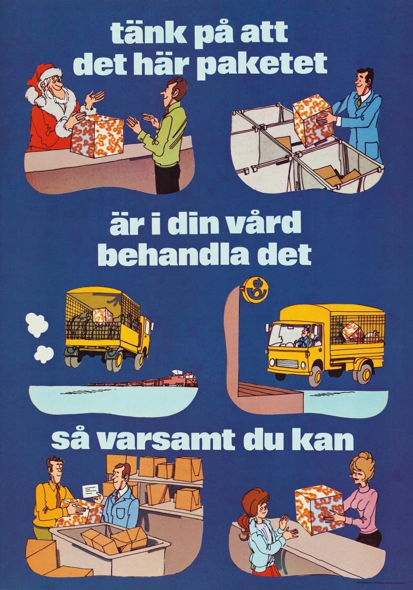 Affisch. Illustration av pakethandling under försändelsens färd. Postsymbol