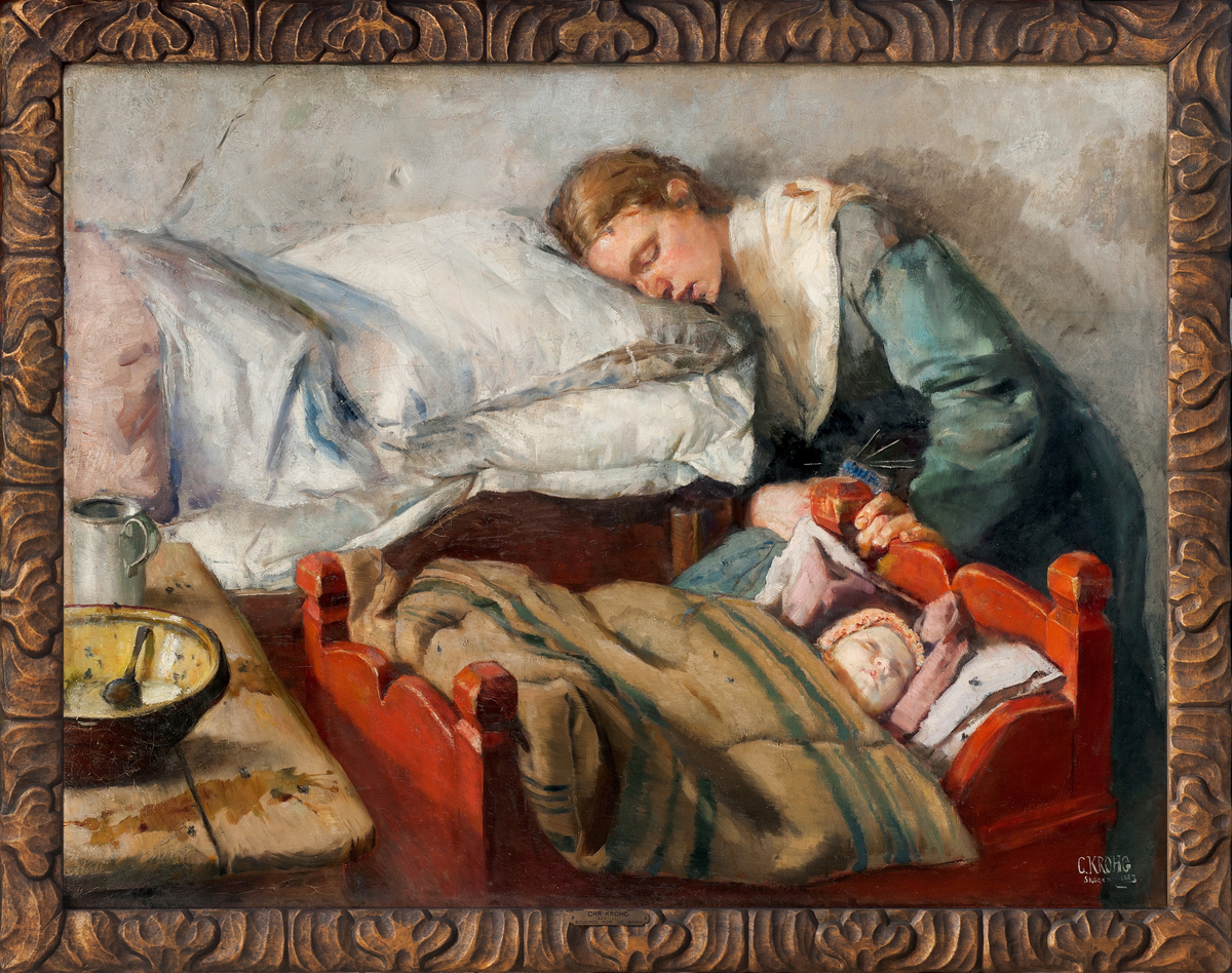 Sovende kvinne med hodet hvilende på et sengegjerde. Venstre hånd holder et strikketøy og støtter seg mot en rød vugge med et sovende spebarn.