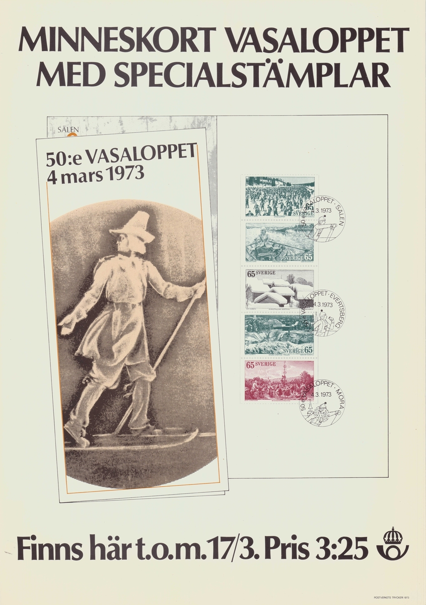 Affisch. Minneakort för vasaloppet år 1973 med stämplar och frimärken.  Postsymbol.