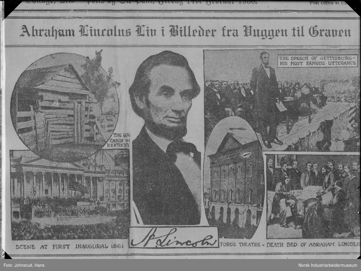 Reklame for billedspill om Abraham Lincolns liv. Antagelig en avfotografert avisside.